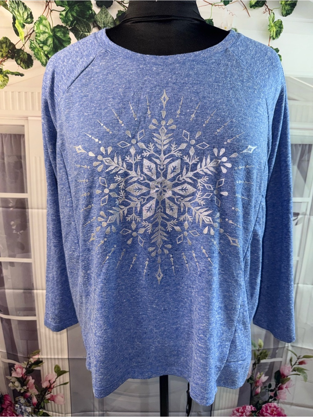 1153-Holiday Time Blue Heather Crewneck Sweater with Metallic Snowflake